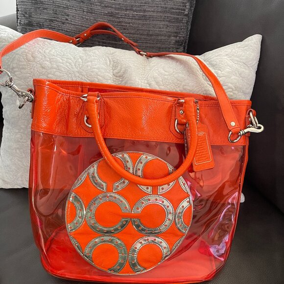 Coach Coletta Transparent & Patent Red Orange Waterproof Bag Crossbody & Double - Picture 1 of 7